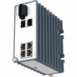 Leicht seitliche Ansicht des Lynx 3306-E-F2G-T4-LV Layer 3 Managed Industrie Switch von Westermo